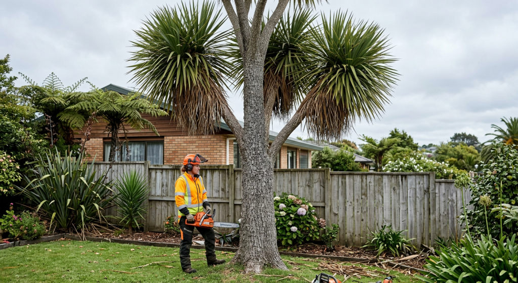Mature New Zealand cabbage tree Cordyline australis and an arborist in hi-vis ready to cut it down